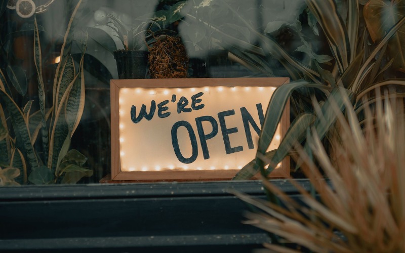 We're Open sign on a window ledge, surrounded by plants